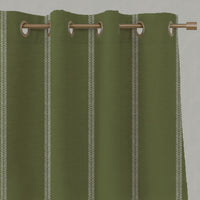 Green Striped Linen Eyelet Curtains - Rana Leaf - Natural base fabric.