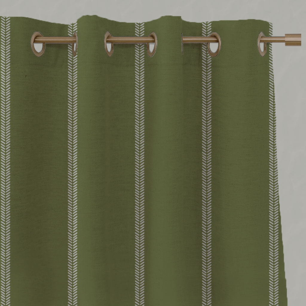 Green Striped Linen Eyelet Curtains - Rana Leaf - Natural base fabric.