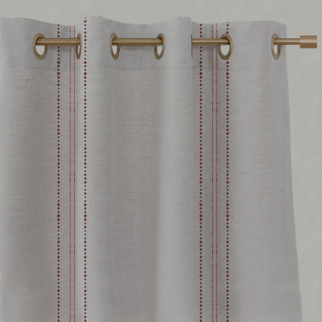 Red Striped Linen Eyelet Curtains - Reyna Crimson Red - Natural base fabric.