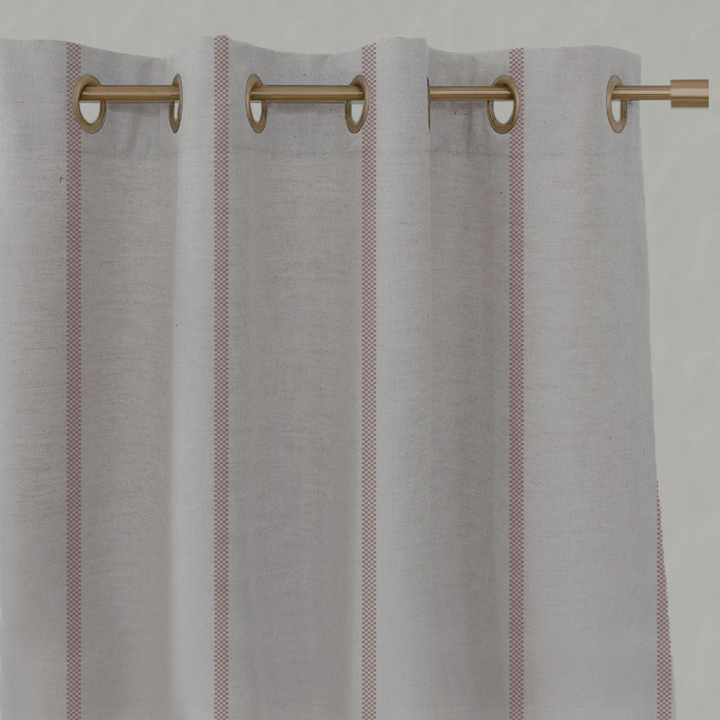 Pink Striped Linen Eyelet Curtains - Ronja Dusty Pink - Natural base fabric.
