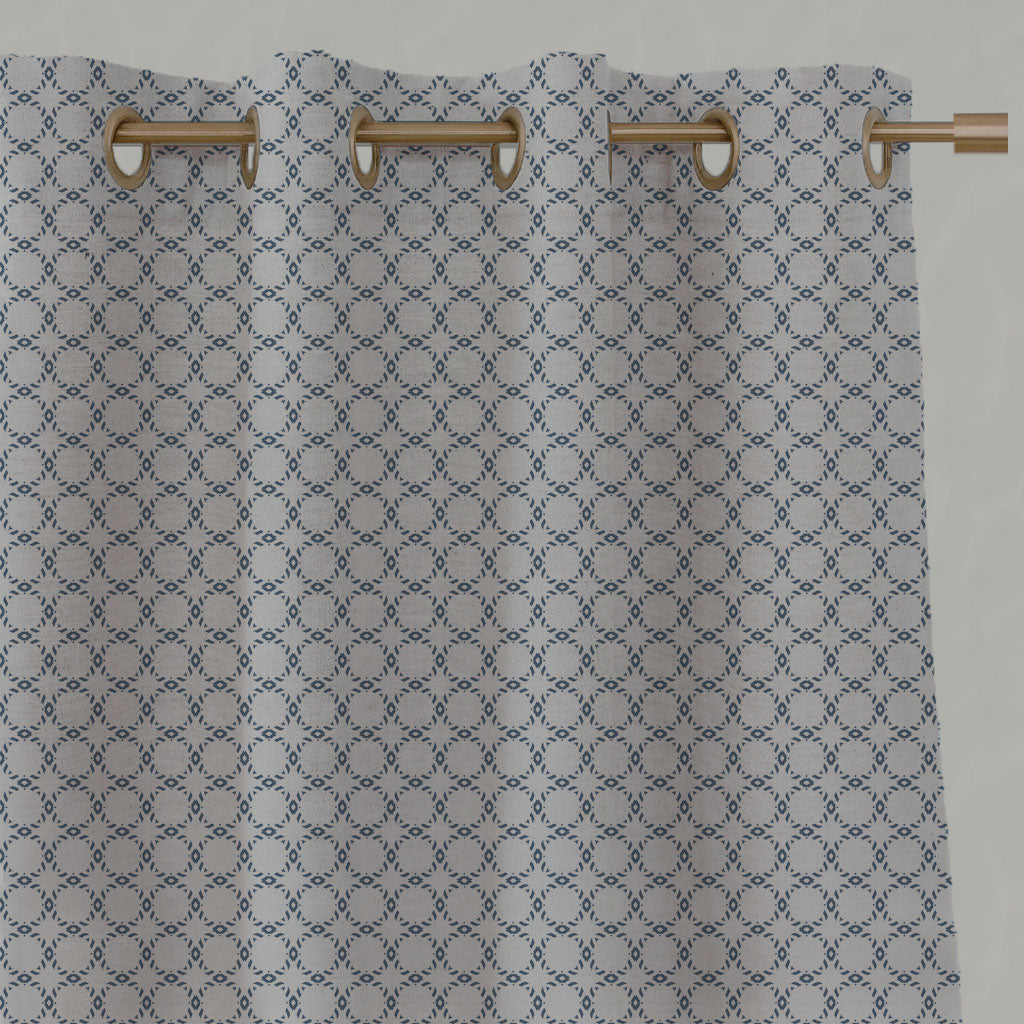 Blue Patterned Linen Eyelet Curtains - Rosalina Denim - Natural base fabric.