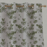 Green Floral Linen Eyelet Curtains - Rose Khaki - Natural base fabric.