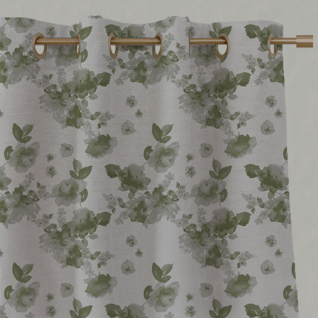 Green Floral Linen Eyelet Curtains - Rose Khaki - Natural base fabric.