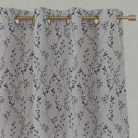 Blue Botanical Linen Eyelet Curtains - Saeeda Deep Blue - Natural base fabric.