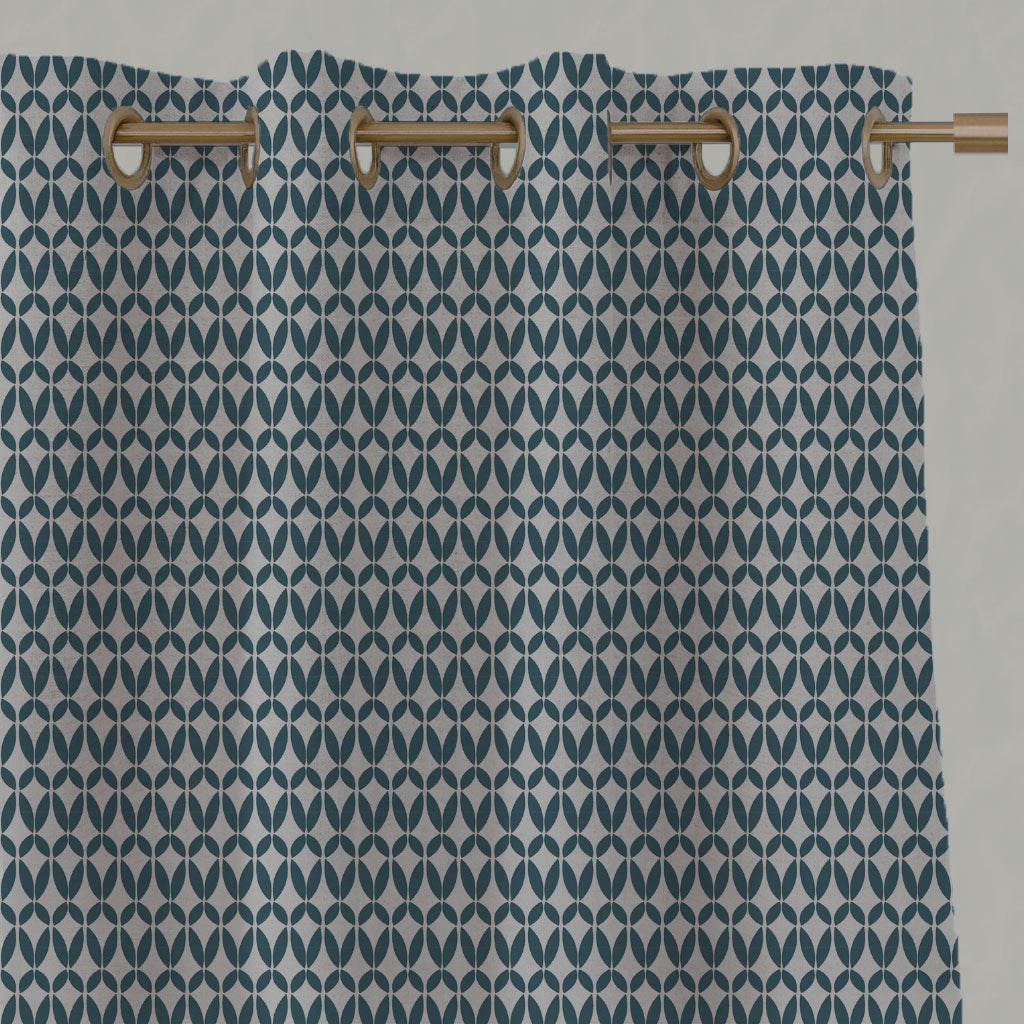 Blue Patterned Linen Eyelet Curtains - Siruna Blue Stone - Natural base fabric.