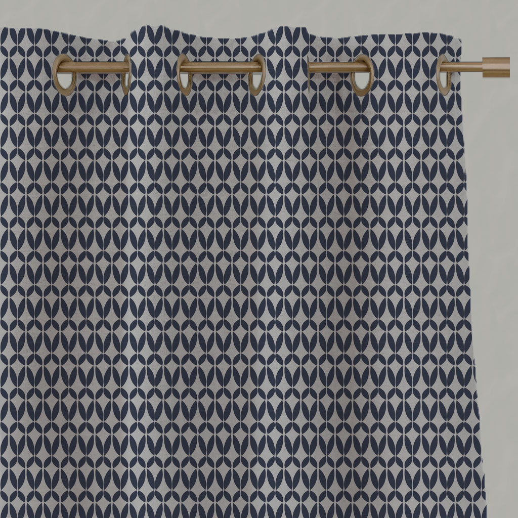 Blue Patterned Linen Eyelet Curtains - Siruna Deep Blue - Natural base fabric.