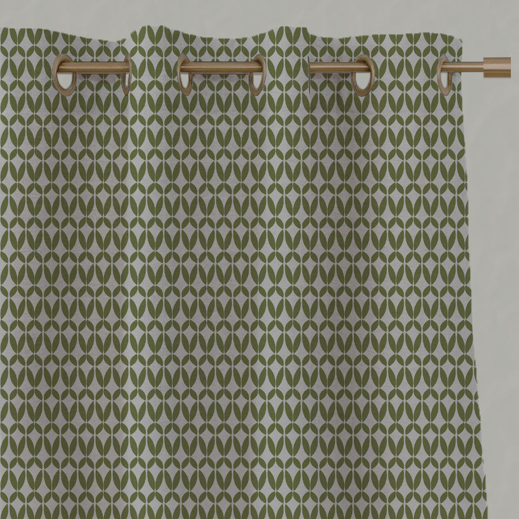 Green Patterned Linen Eyelet Curtains - Siruna Leaf - Natural base fabric.