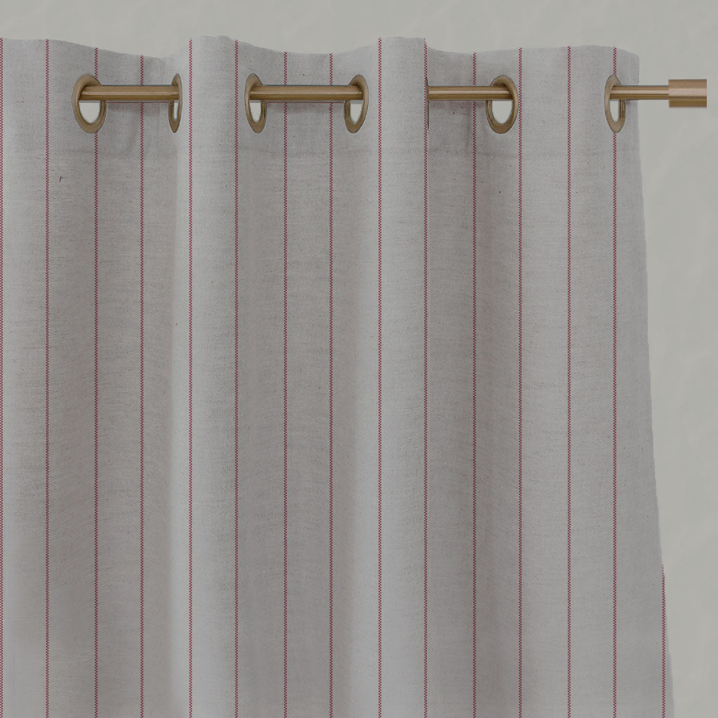Red Striped Linen Eyelet Curtains - Solveig Cherry - Natural base fabric.