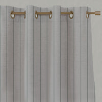 Green Striped Linen Eyelet Curtains - Solveig Dark Pine - Natural base fabric.