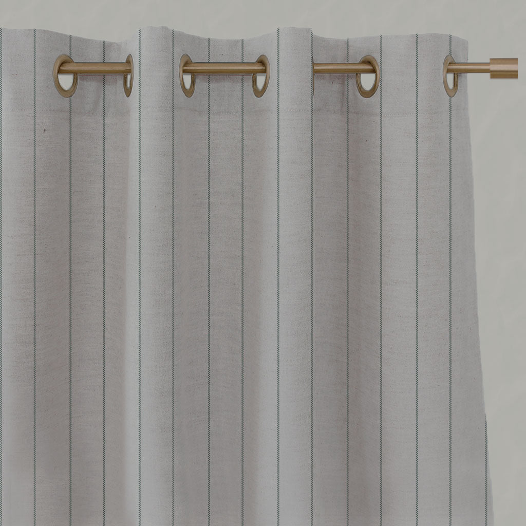 Green Striped Linen Eyelet Curtains - Solveig Sage - Natural base fabric.