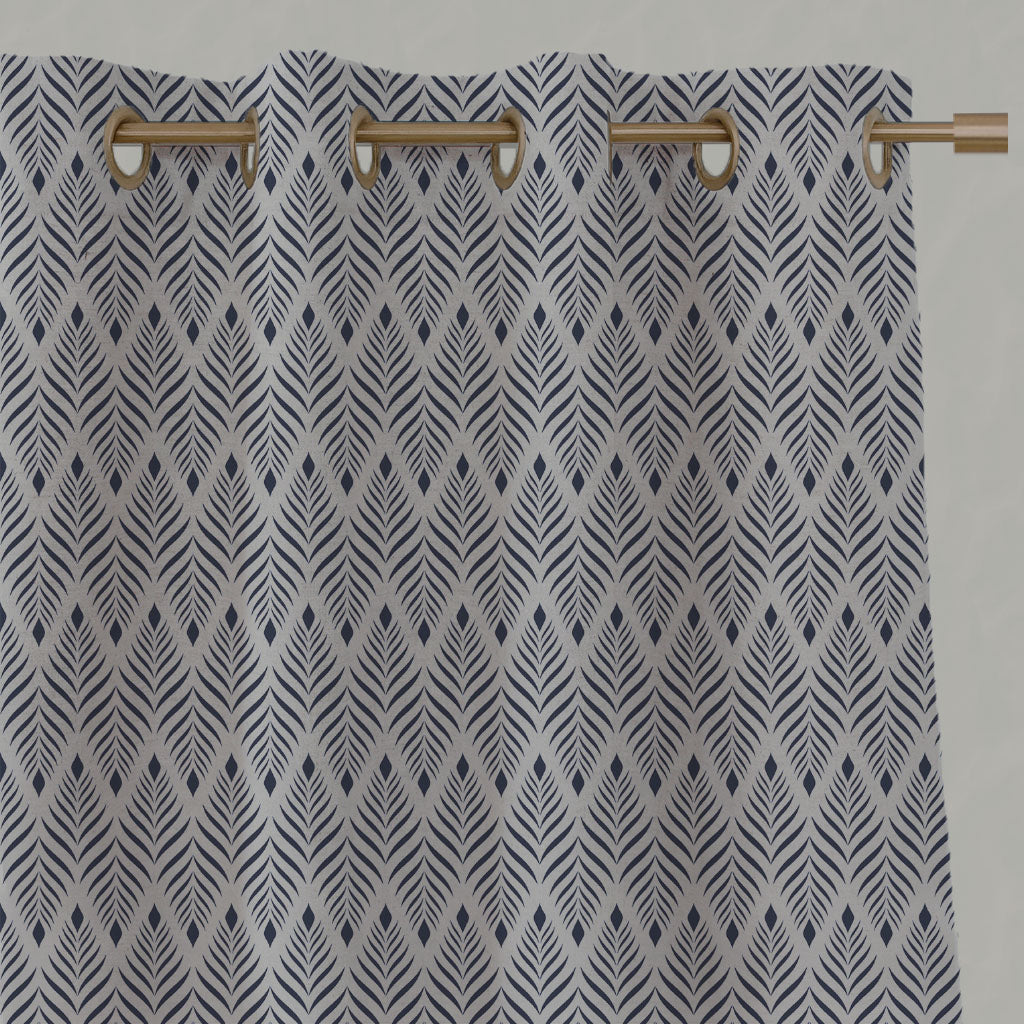 Blue Patterned Linen Eyelet Curtains - Sylvia Deep Blue - Natural base fabric.
