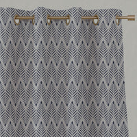 Blue Patterned Linen Eyelet Curtains - Sylvia Deep Blue - Natural base fabric.