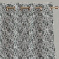 Green Patterned Linen Eyelet Curtains - Sylvia Sage - Natural base fabric.