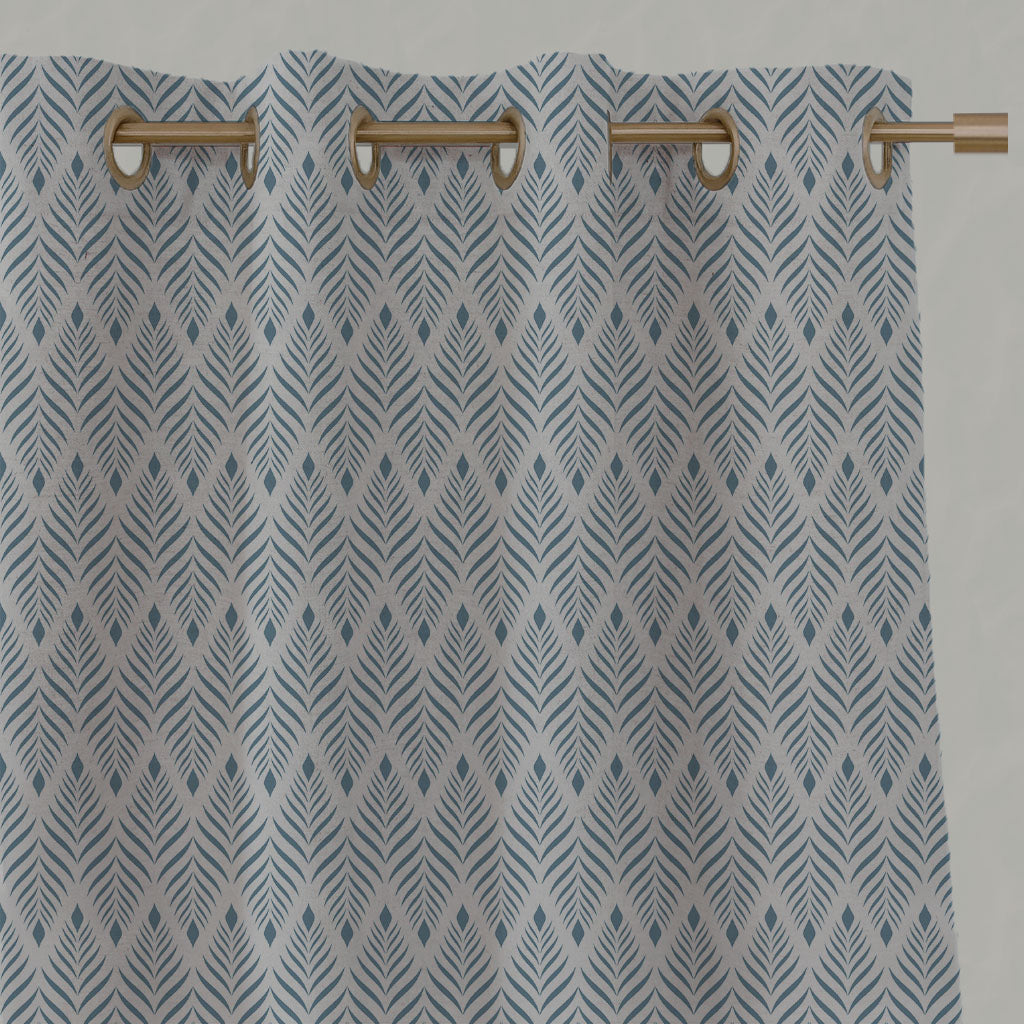 Blue Patterned Linen Eyelet Curtains - Sylvia True Blue - Natural base fabric.