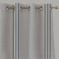 Blue Striped Linen Eyelet Curtains - Telma Deep Blue - Natural base fabric.