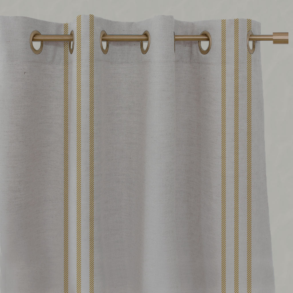 Yellow Striped Linen Eyelet Curtains - Telma Mustard - Natural base fabric.