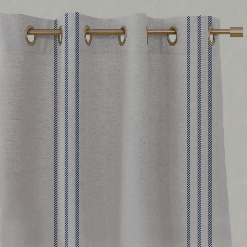 Blue Striped Linen Eyelet Curtains - Telma Night Blue - Natural base fabric.