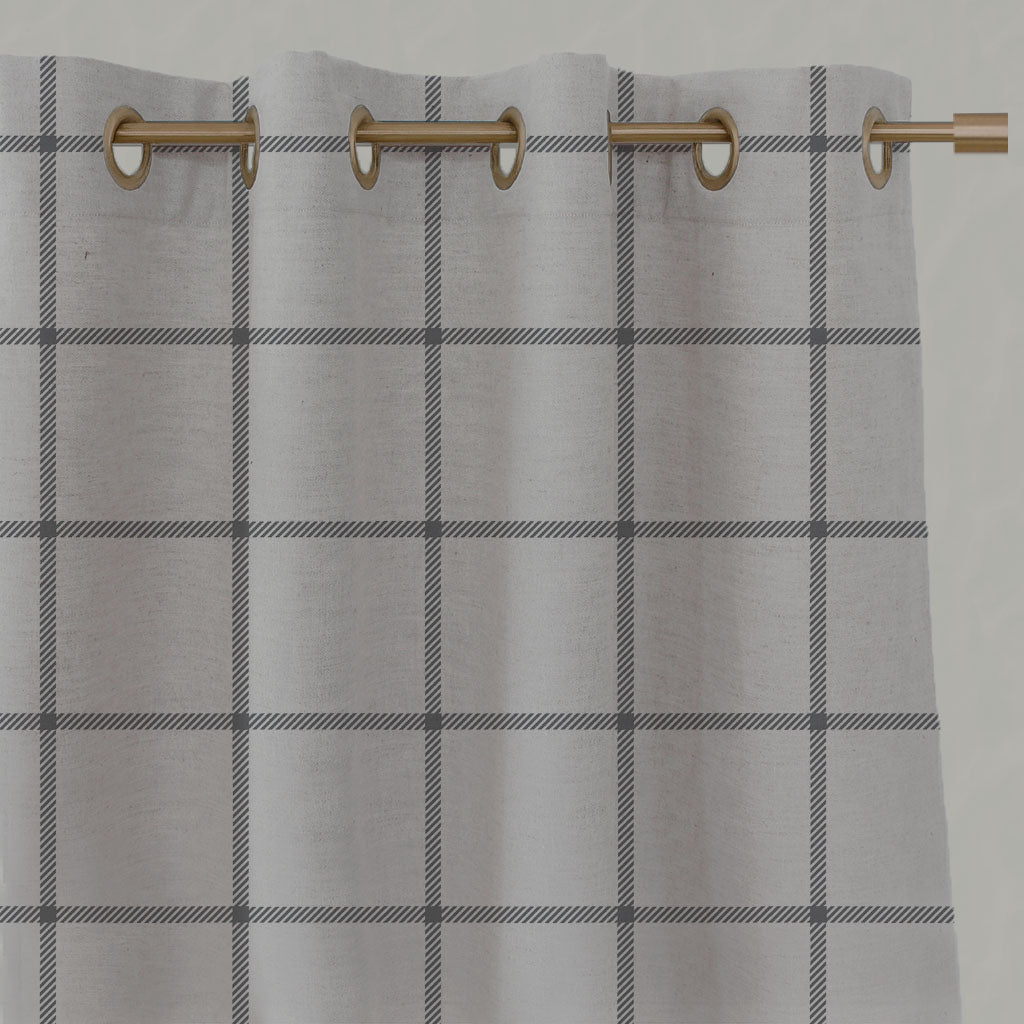 Grey Checked Linen Eyelet Curtains - Tove Ash - Natural base fabric.