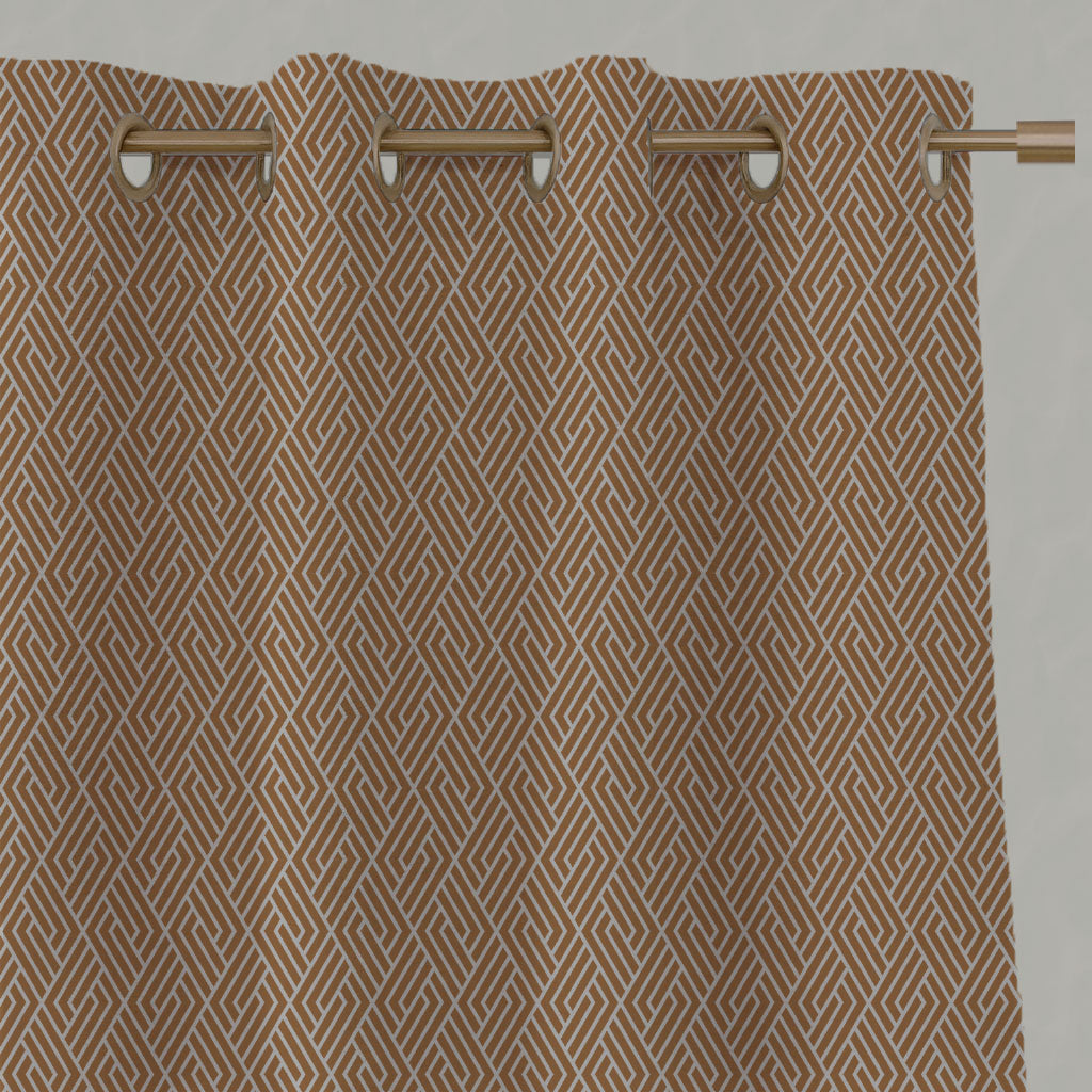Orange Patterned Linen Eyelet Curtains - Vera Tangerine - Natural base fabric.