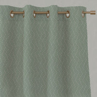 Green Patterned Linen Eyelet Curtains - Vera Verde - Natural base fabric.