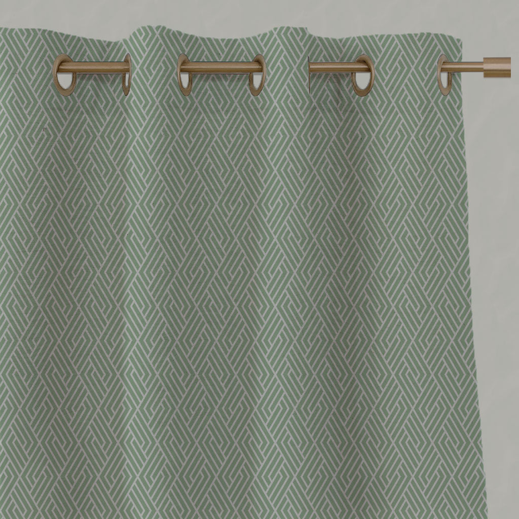 Green Patterned Linen Eyelet Curtains - Vera Verde - Natural base fabric.