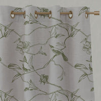 Botanical curtain fabric with birds. Khaki Green pattern.