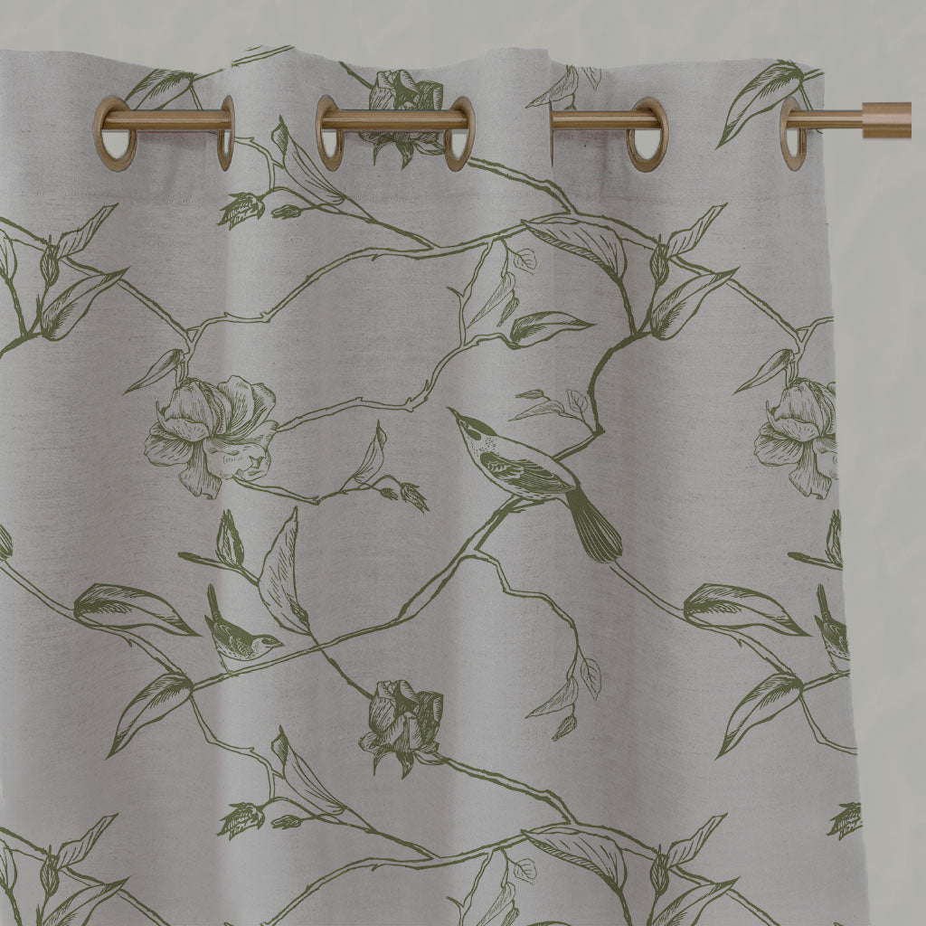 Botanical curtain fabric with birds. Khaki Green pattern.