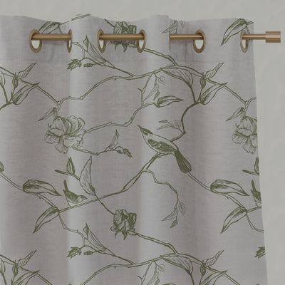 Botanical curtain fabric with birds. Khaki Green pattern.