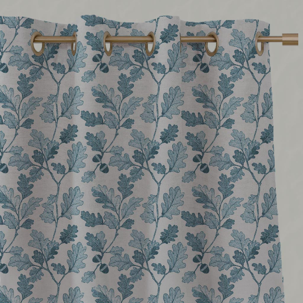 Blue Botanical Linen Eyelet Curtain - Olini Blue Stone - Natural base fabric.