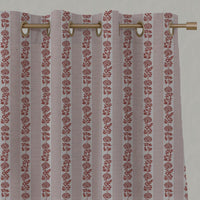 Red Floral Stripe Linen Eyelet Curtain - Skye Crimson Red - Natural base fabric.