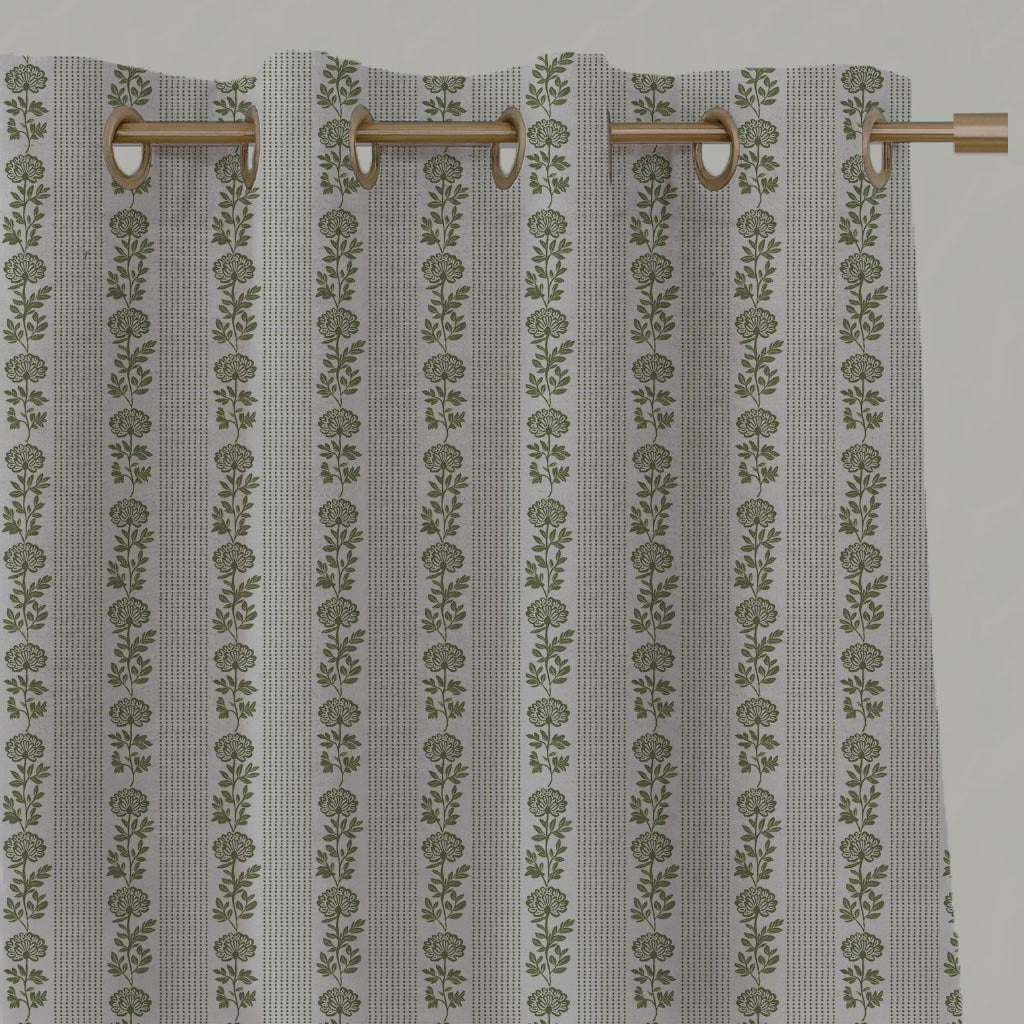 Green Floral Stripe Linen Eyelet Curtain - Skye Khaki - Natural base fabric.