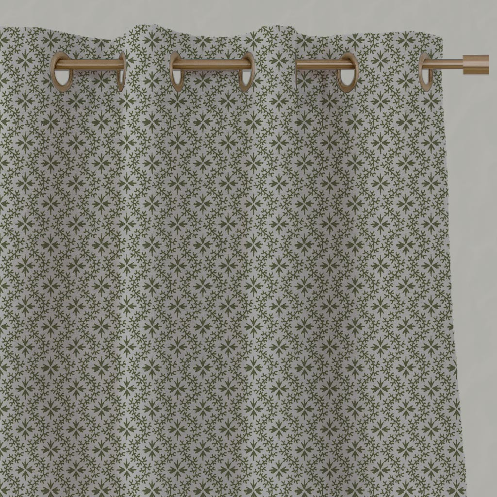 Green Abstract Linen Eyelet Curtain - Unica Khaki - Natural base fabric.
