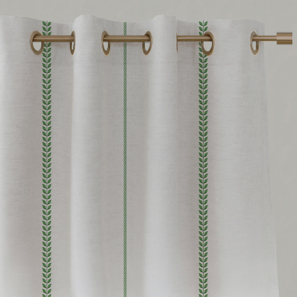 Green Striped Linen Eyelet Curtains - Berit Parrot Green - White base fabric.