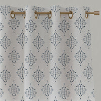 Blue Patterned Linen Eyelet Curtains - Britt Ink - White base fabric.