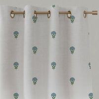 Blue Patterned Linen Eyelet Curtains - Cheyenne Blue Grey - White base fabric.