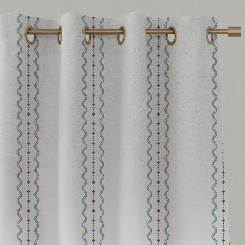 Blue Striped Linen Eyelet Curtains - Daphne Blue-WHT - White base fabric.
