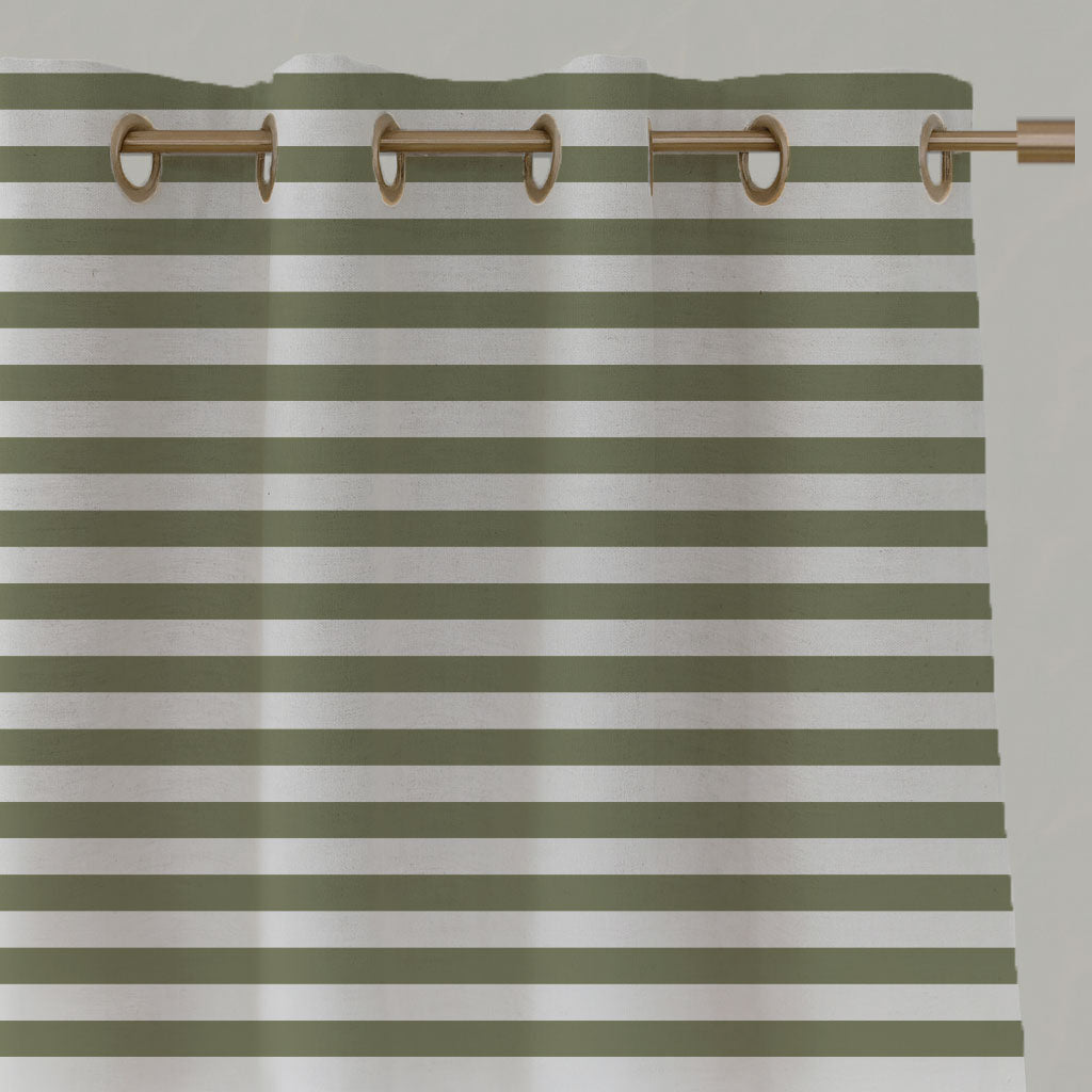 Green Striped Linen Eyelet Curtains - Della Moss-WHT - White base fabric.