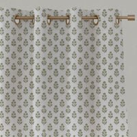 Green Floral Linen Eyelet Curtain - Doris Moss-WHT - White base fabric.