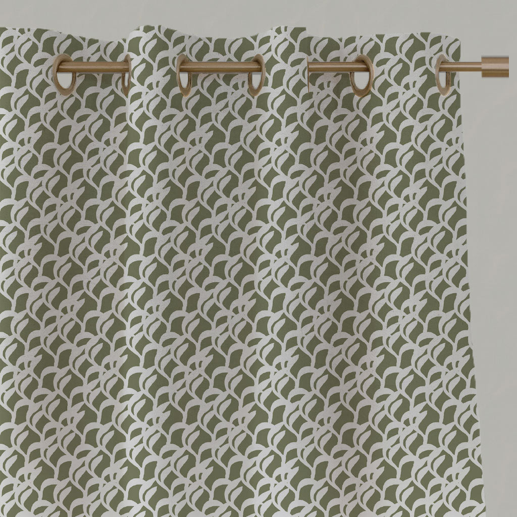 Green Botanical Linen Eyelet Curtains - Edlyn Moss-WHT - White base fabric.