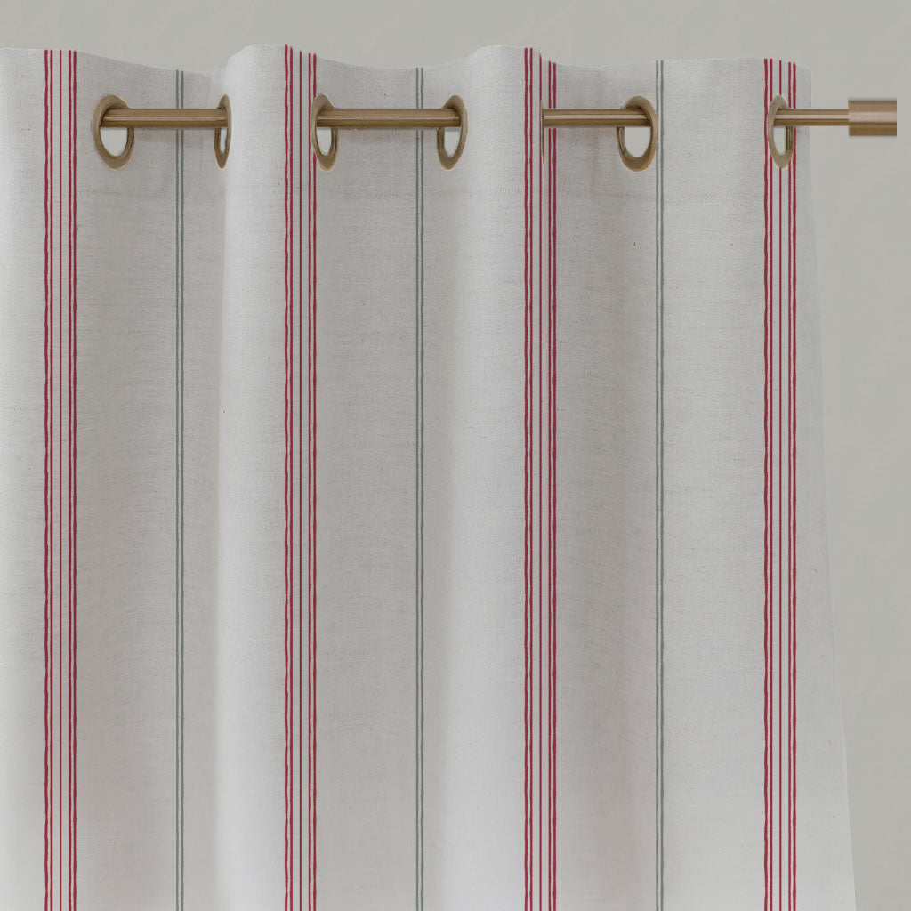 Grey / Red Striped Linen Eyelet Curtains - Elise Dream Red-WHT - White base fabric.