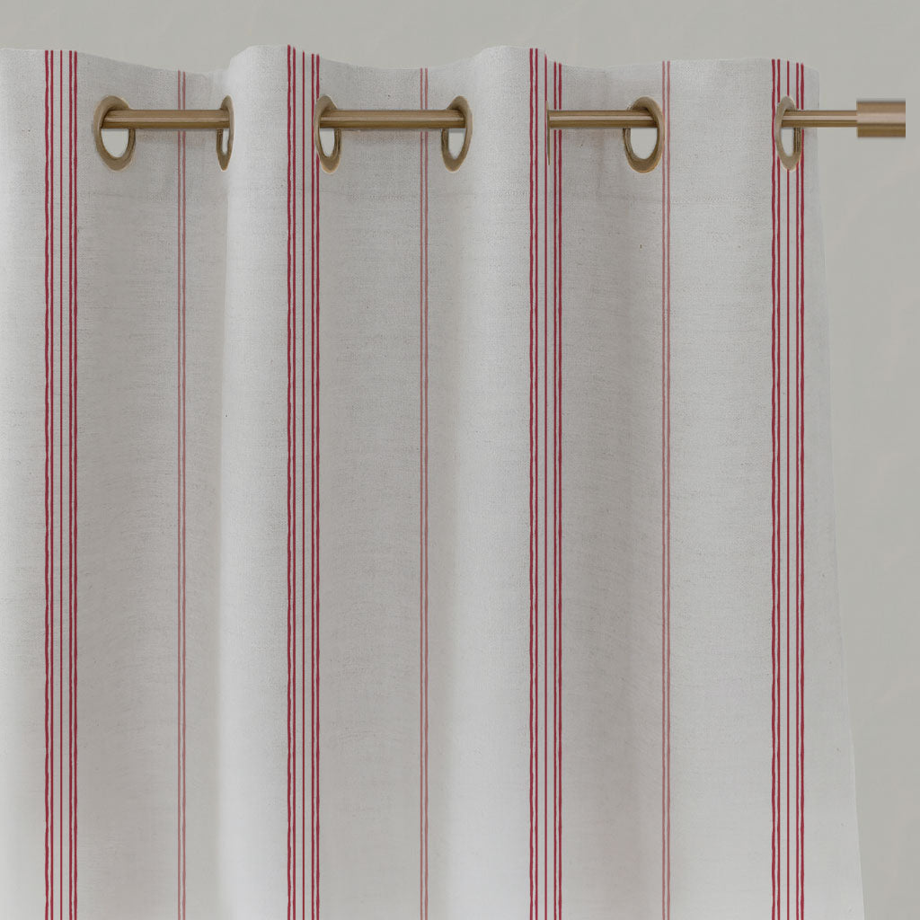 Red / Pink Striped Linen Eyelet Curtains - Elise Red-WHT - White base fabric.