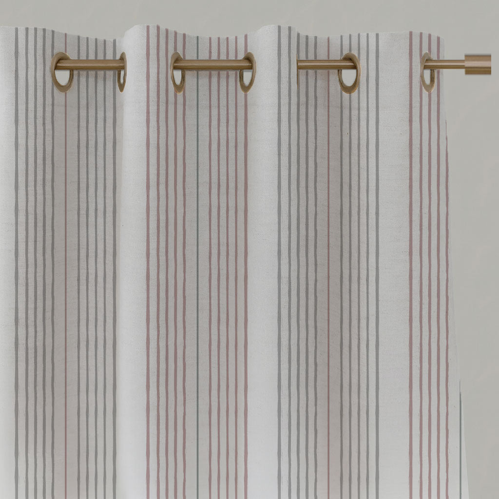 Pink Striped Linen Eyelet Curtains - Else Peony - WHT - White base fabric.