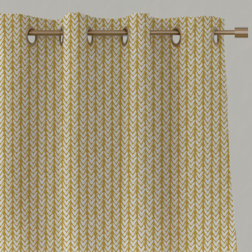 Yellow Patterned Linen Eyelet Curtains - Fia Dijon - White base fabric.