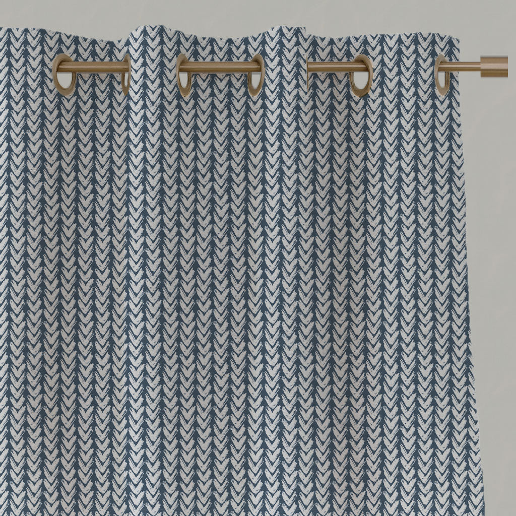 Blue Patterned Linen Eyelet Curtains - Fia Ink - White base fabric.