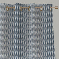 Blue Patterned Linen Eyelet Curtains - Fia Ink - White base fabric.
