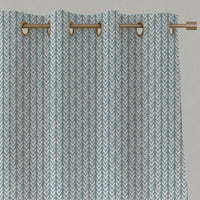 Blue Patterned Linen Eyelet Curtains - Fia Shadow Blue - White base fabric.