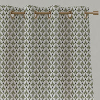 Green Patterned Linen Eyelet Curtains - Fiona Moss - White base fabric.