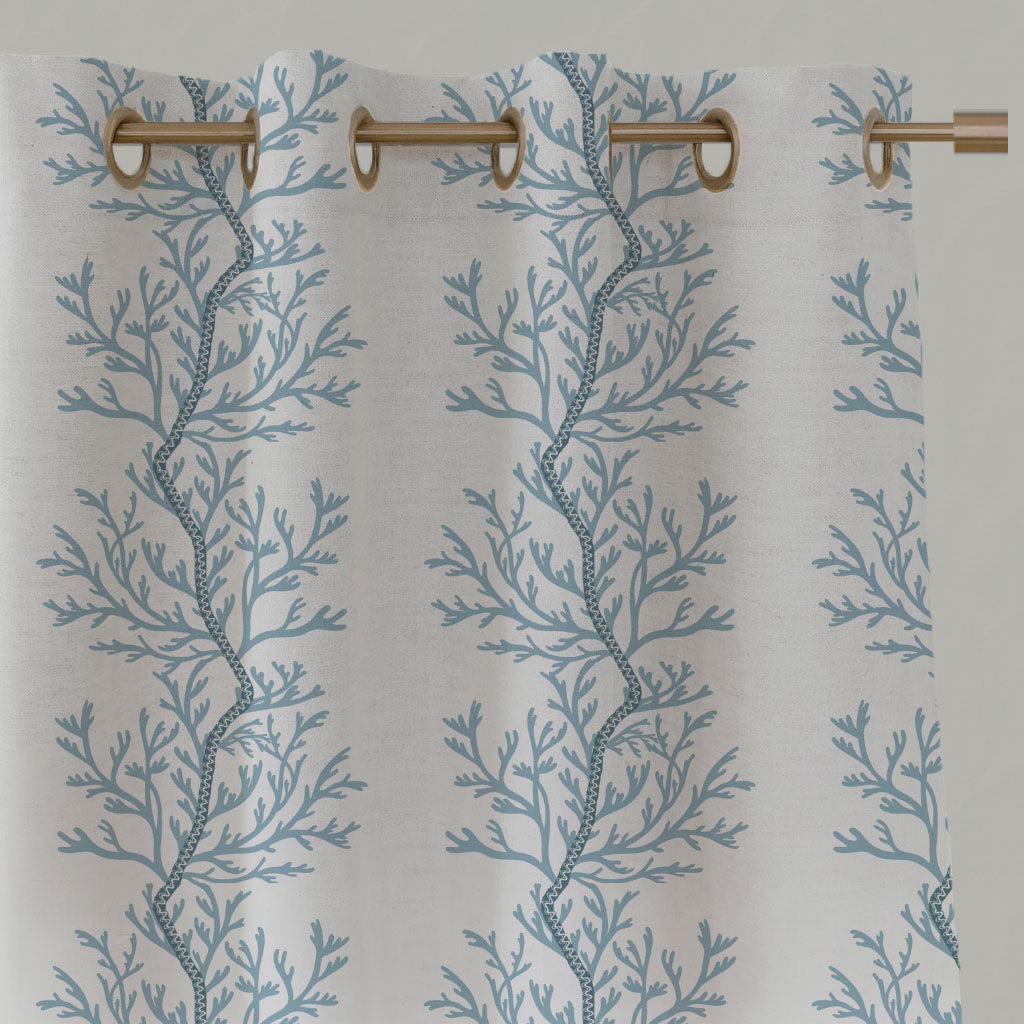 Blue Botanical Linen Eyelet Curtains - Galilea Sky - White base fabric.