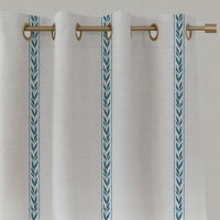 Blue Striped Linen Eyelet Curtains - Helena Blue Stone - White base fabric.