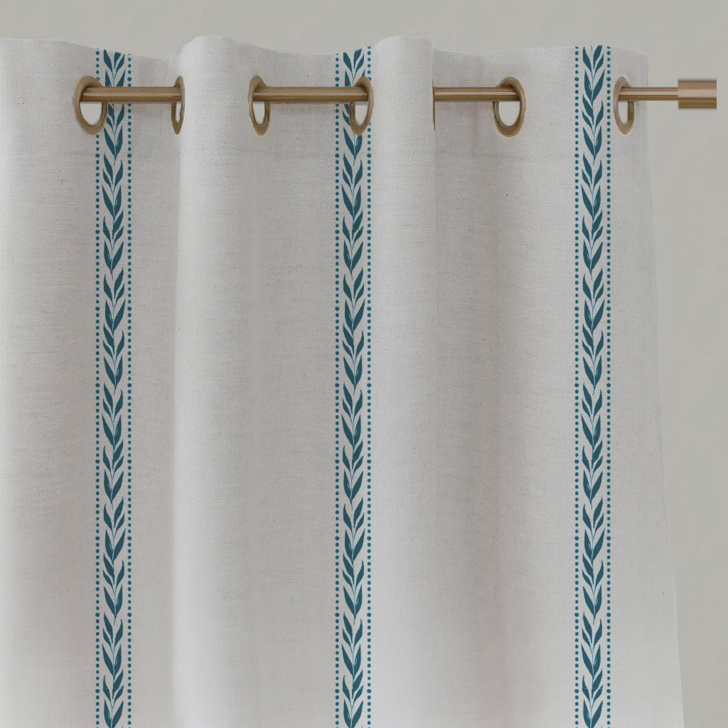 Blue Striped Linen Eyelet Curtains - Helena Blue Stone - White base fabric.